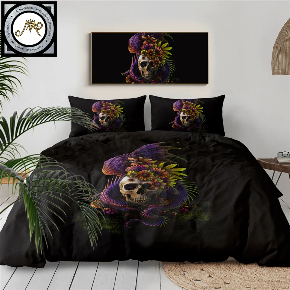 Günstige Blumigen Schädel durch Sunima Bettwäsche Set Lila Gothic Bettbezug Gefährliche Monster Floral Bett Set 3 Stück Geheimnis Kunst bettwäsche