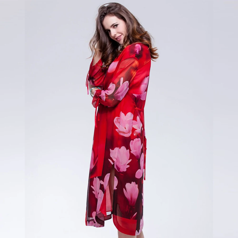 

Summer Luxurious Red Silk Mid-Length Dress Fashion Beach Straight Printed Three Quarter Knee-Length Split Mulberry Silk Dress