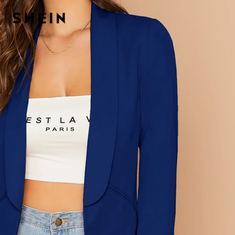 SHEIN Одноцветный платок воротник приталенный элегантный блейзер для женщин осень длинный рукав офисный женский открытый передний базовый Блейзер Пальто