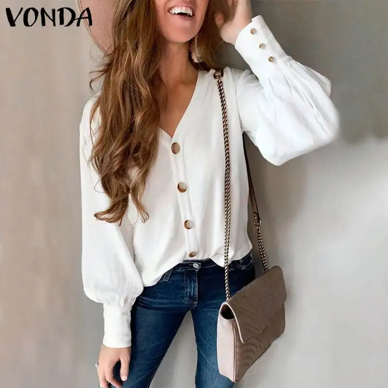 Белые рубашки женские офисные блузки размера плюс VONDA весна лето Bohomian Топы с длинным рукавом Женские рубашки Повседневная Туника S-5XL