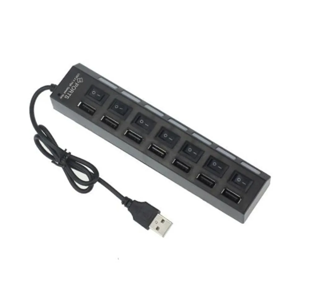7 портов светодиодный USB 2,0 адаптер концентратор сплиттер с адаптером питания вкл/выкл USB разветвитель концентратор для ПК - Цвет: Черный