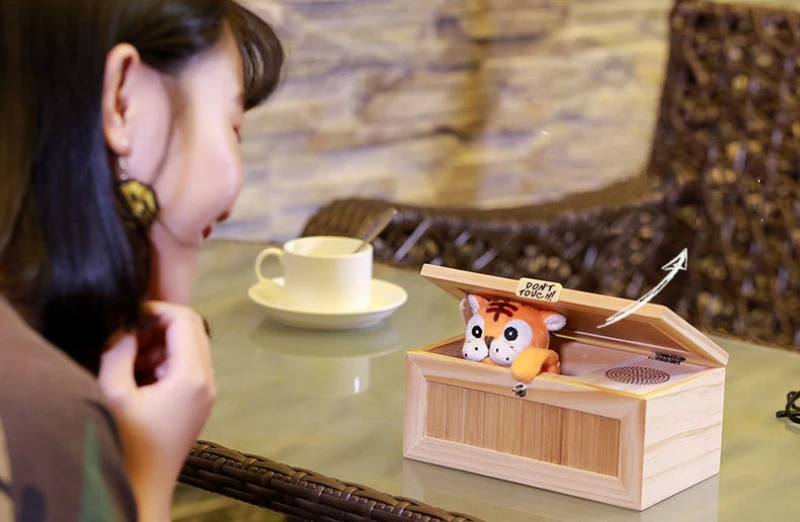 Beige Chinese Voice Battery Version with Tiger Wooden Useless Box
