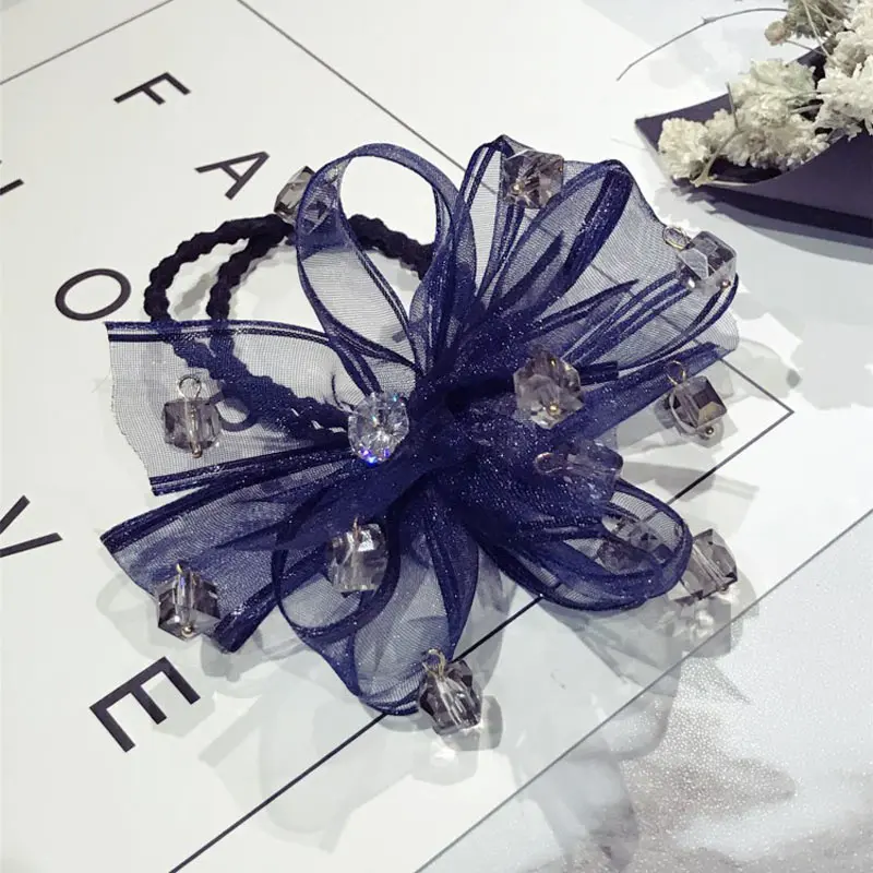 Sapphire blue Модные повязки для волос для женщин, Кружевная Сетка, подвеска со стразами, многослойный бант, высокоэластичные повязки для волос - Цвет: Sapphire blue