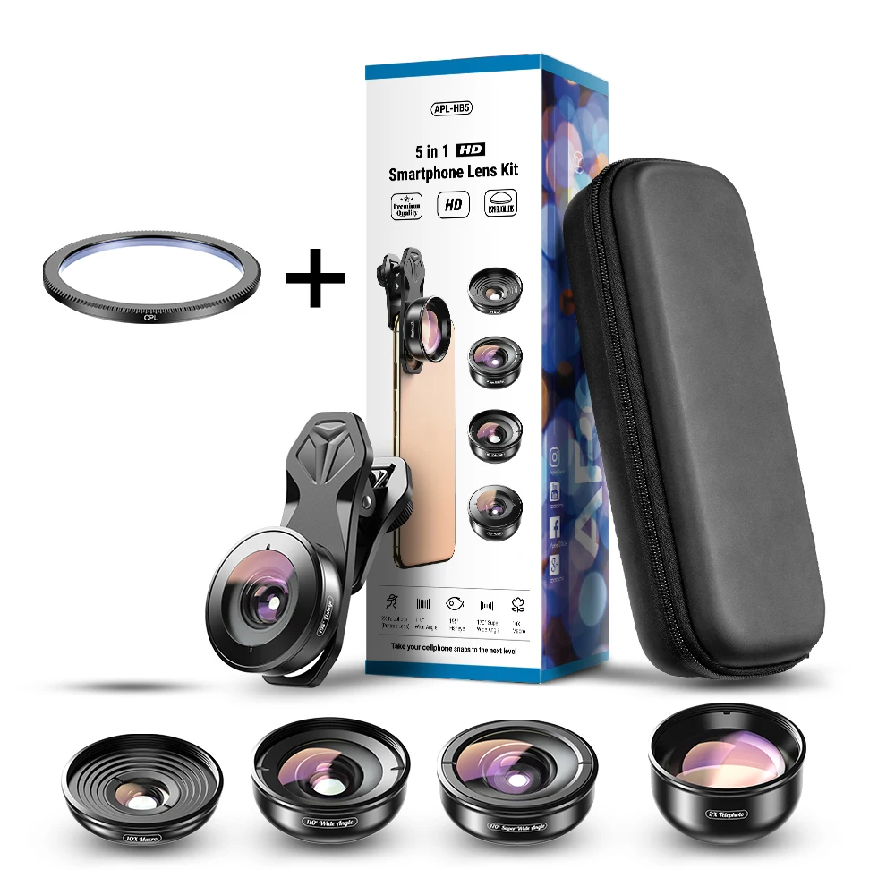 APEXEL HD 5 in 1 Camera Phone Lens 4K Wide Macro Lens Portrait Super Fisheye Lens CPL Filter for iPhone Samsung all cellphone 4 lens camera phone Lenses