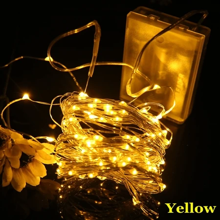 Yellow 2 м, 5 м, 10 м, медный, серебристый провод, светодиодный, Рождественские огни, AA, на батарейках, рождественская елка, гирлянды для украшения свадьбы, праздника - Испускаемый цвет: Yellow