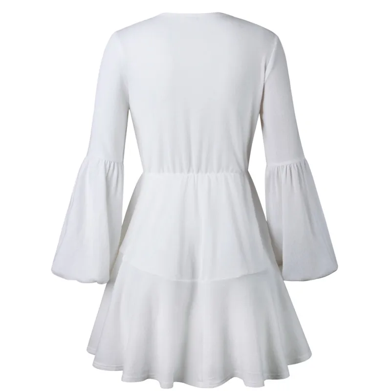 Nadafair/теплое зимнее платье с рукавами-фонариками, Vestidos, туника, а-силуэт, сексуальное, с v-образным вырезом, на шнуровке, повседневное, с оборками, трикотажное платье для женщин