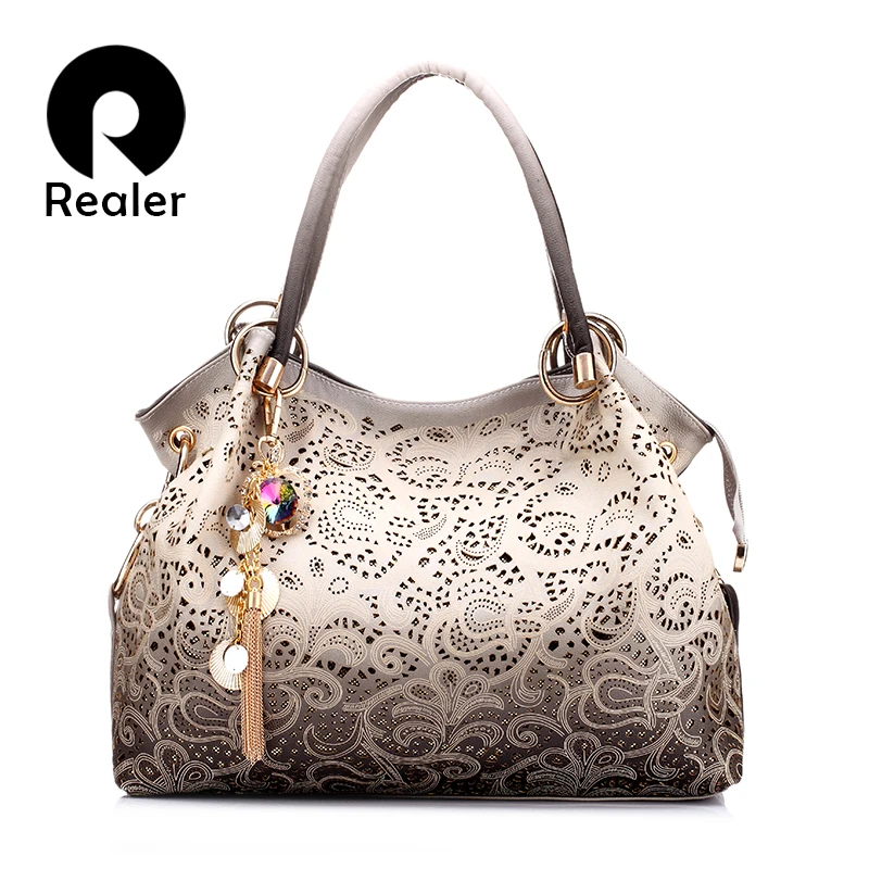 

REALER women handbags PU leather female floral print shoulder bags ladies totes messenger bags for women bucket hand bag 2019