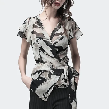 

Women Summer Style Chiffon Blouses Shirts Lady Casual Short Sleeve V-Neck Flower Printed Blusas Tops DF2855