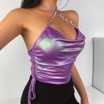 

Sexy Chain Halter Crop Tops Y2K Women Summer Lace Up Drawstring Backless Slim Stretchy Party Club Elegant Camisoles Crop Tops