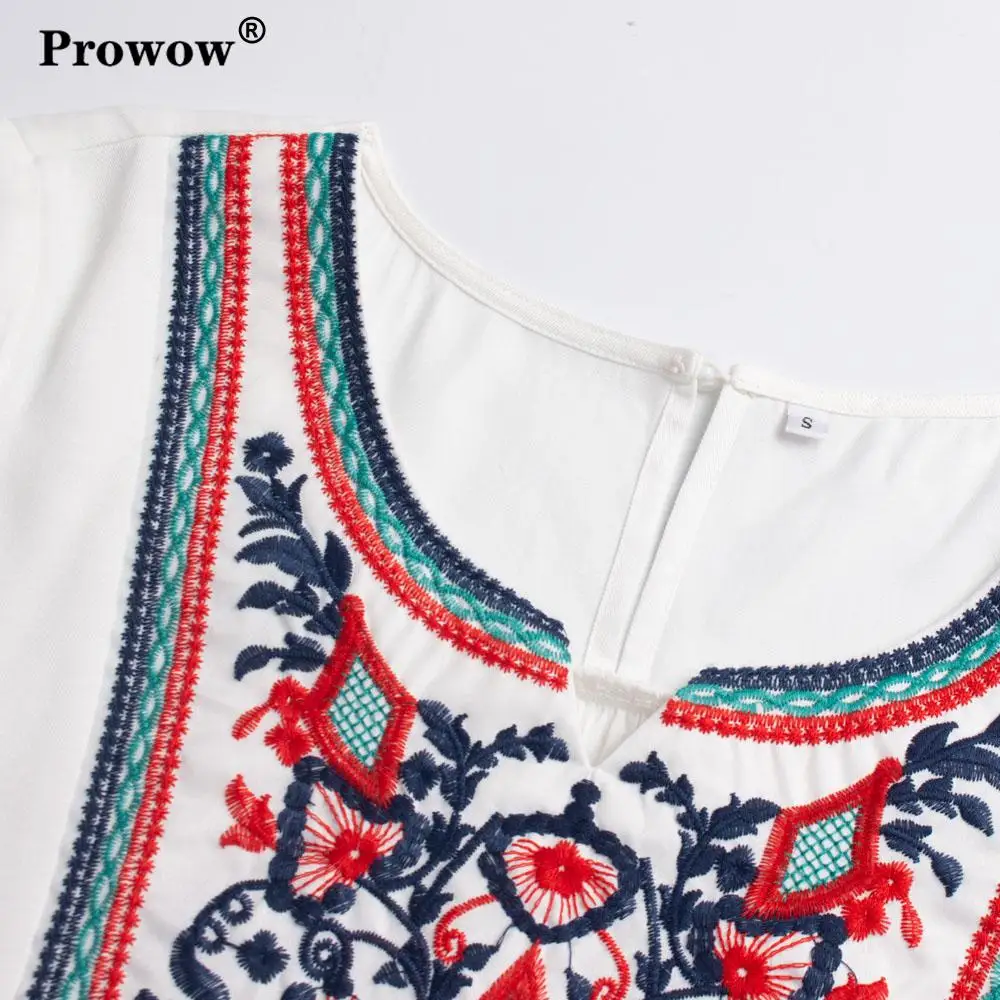 Prowow женская футболка с цветочной вышивкой, длинный рукав, круглый вырез, хлопковые топы, Женский Национальный стиль, Круглый ворот, Свободный Топ, весна