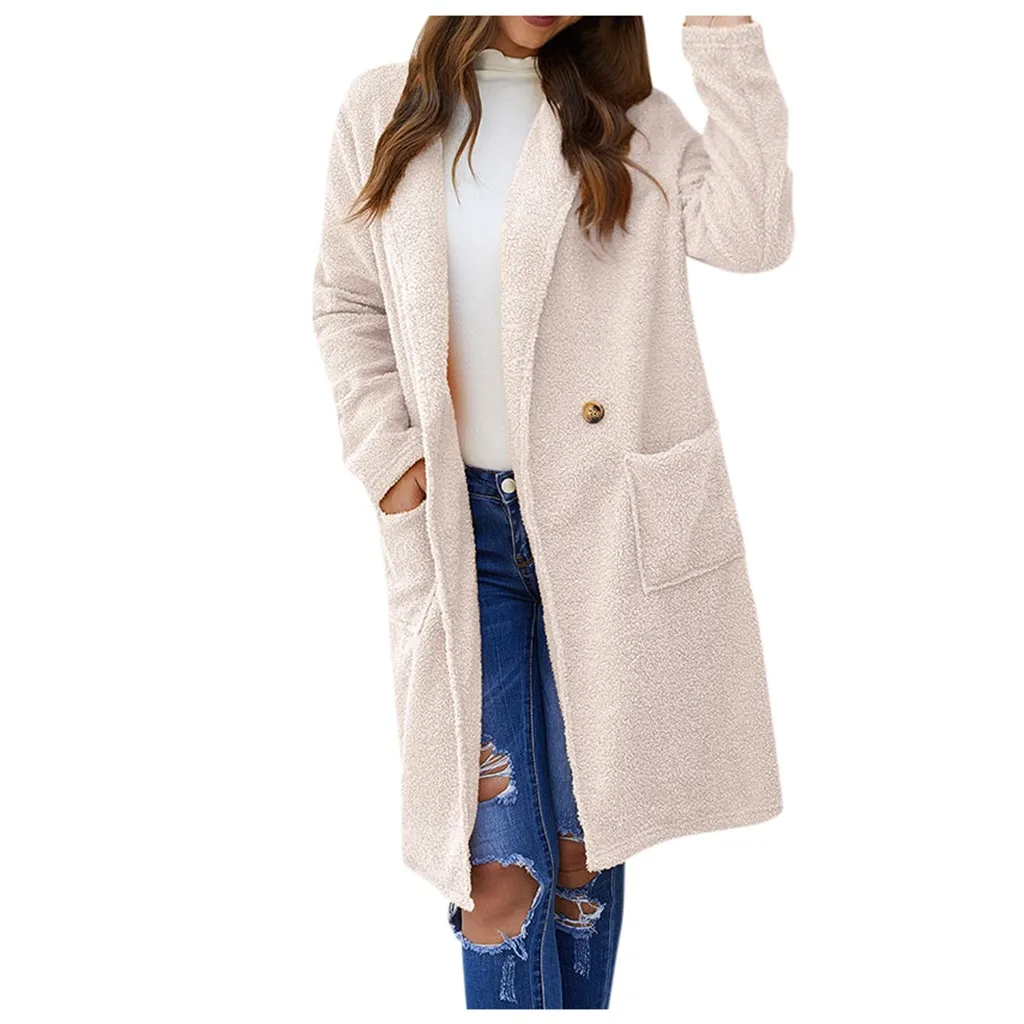 Beige Модное женское пальто с длинным рукавом и v-образным вырезом, зимнее однотонное пальто с капюшоном, пальто на пуговицах W1210 - Цвет: Beige