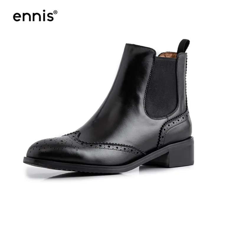4cm Black Brogue ENNIS/брендовые черные броги; женские ботинки; ботинки «Челси» из натуральной кожи; лакированные ботильоны; обувь на плоской подошве; женская модная Осенняя обувь; A9336 - Цвет: 4cm Black Brogue
