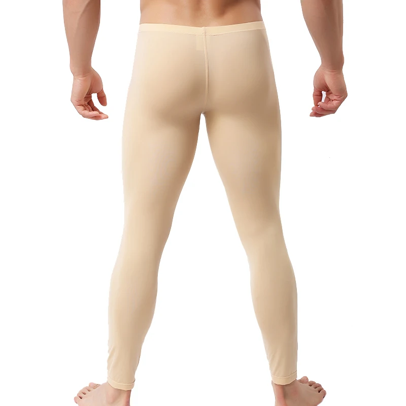 Men Long Johns Ultra-thin Ice Silk Underwear Sexy Penis Pouch Underpants Mens Legging Underwear Sleepwear Sleep Bottoms silk pajama set