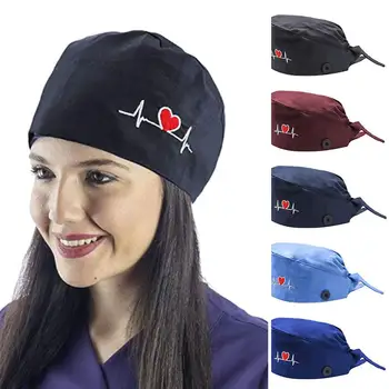 

Women ECG Heart Embroidery Adjustable Anti Sweat Button Scrub Cap Bouffant Hat Gorro Enfermera Quirofano
