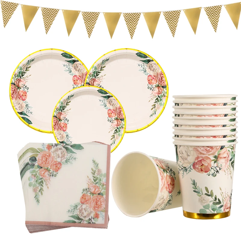 

Floral Printing Disposable Party Tableware Tea Party Wedding Decoration Hawaiian Decor Baby Shower Birthday Party Decor Supplies
