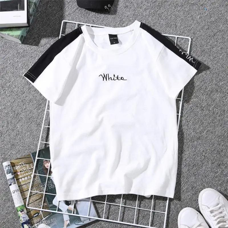 Summer New Women's T-shirt White Embroidered Monophonic Female T Shirt Striped Harajuku Couple Clothes Black Tops 90s Tees