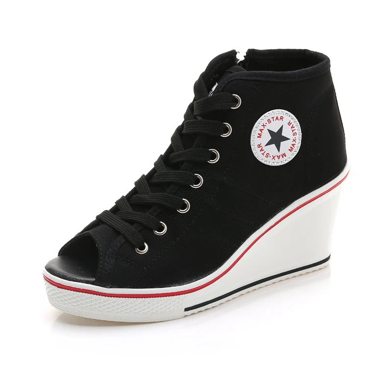 black peep toe BONJEAN/Женская обувь; обувь на скрытой танкетке и невидимом каблуке; коллекция года; женская повседневная обувь; парусиновые дышащие кроссовки на платформе с высоким берцем - Цвет: black peep toe
