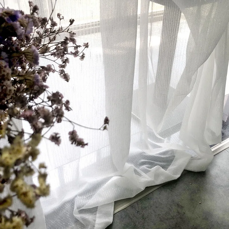 Белые прозрачные шторы Серебристые блестящие полосатые тюлевые шторы для гостиной кухни современные оконные обработки tul cortina P396Y
