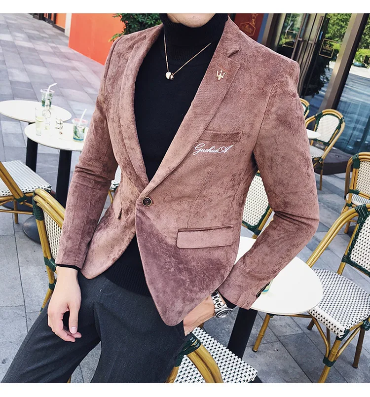 Красивый мужской блейзер, пиджак, золотая вышивка, Terno Masculino, корейский мужской блейзер, вельветовый Блейзер, Мужской приталенный зеленый, хаки, серый