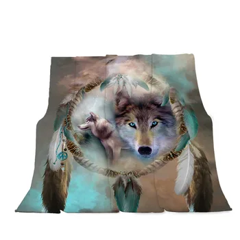 

BEST.WENSD Dreamcatcher Bed Blanket Cartoon Kids Throw Bedspread Cute Animal Sherpa Plush Blanket Feather Wolf Bed manta Bedding