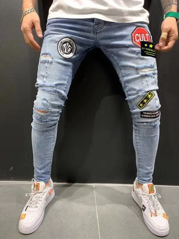 

New Men's Hole Embroidery Jeans Slim Casual Pants Thin Section Summer Jeans Classic Denim Stretch Thin Pencil Pants Harajuku Who