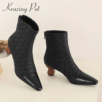 

Krazing Pot european style real leather large size superstar square toe med strange heel back zipper young lady ankle boots L60