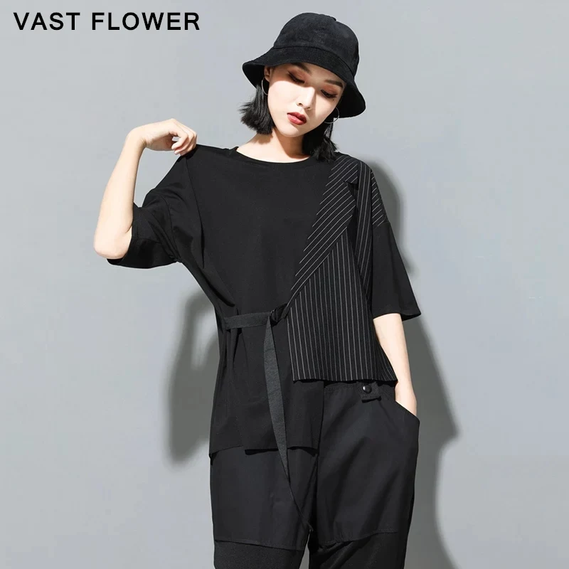 

Women Black Striped Irregular T-Shirt 2022 Summer Fashion Patchwork O-Neck Short Sleeve Loose Casual Tee Shirt Tops Clothes