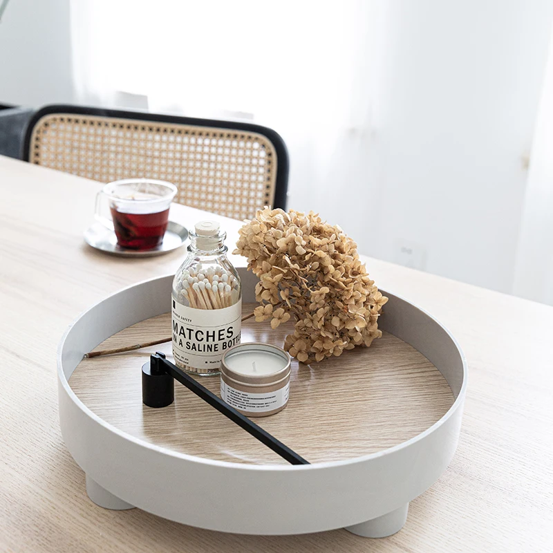 Nordic round Tray Household Minimalist Snacks Sundries Cosmetics Storage Tray Tea Tray Ins Wooden Plastic
