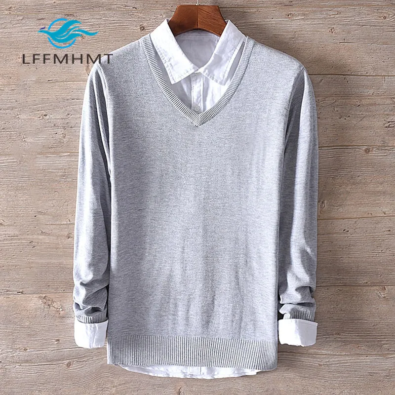 Men Spring Autumn Fashion Korea Style Solid Color Chicken Heart V-neck Cotton Sweater Male Casual Thin Pullover Knitted Sweaters