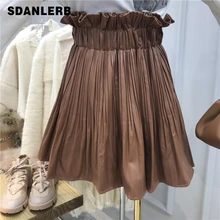 Осенняя и зимняя юбка с завышенной талией в виде лотоса, Женская плиссированная юбка, женская новая Студенческая юбка из искусственной кожи, Jupe Femme