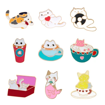 

Cute Cat Cup Kitten Box Enamel Pins Fun Animal Brooches Button Badge Denim Shirt Lapel Pin Cartoon Jewelry Gift for kids friends