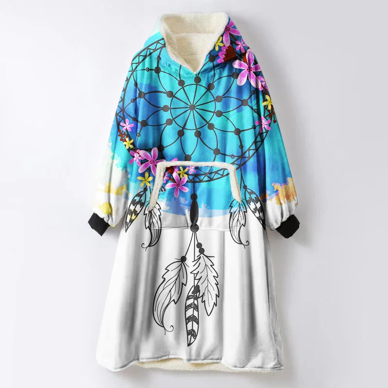 Bohemian Dream Catcher Hooded Blanket with Sleeves Starry Sky Vs Pink Sherpa Throw Blankets for Sofa Super Soft Halloween Coat