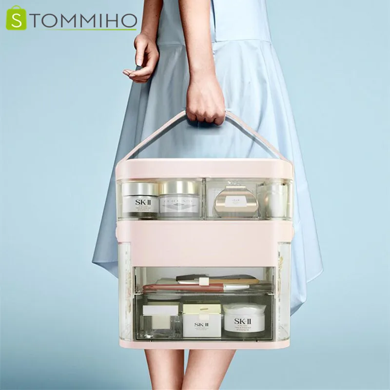 STOMMIHO Cosmetic Storage Box With LED Makeup Mirror Large Capacity Makeup Organizer Desktop Beauty Storage Drawer Box