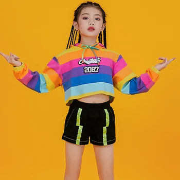 

Hip Hop Dance Costumes Rainbow Hooded Top Girls Jazz Performance Clothing Children Cheerleading Outfit Stage Wear DNV12124