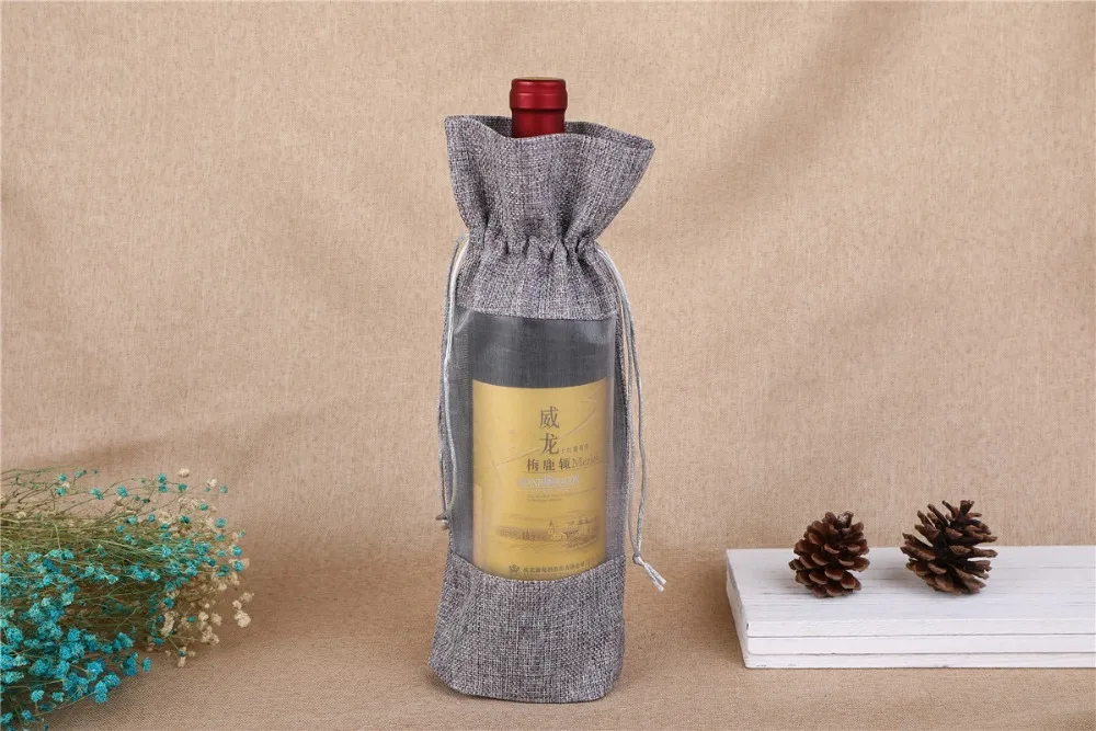 10 шт складной нижний мешок Drawstring Подарочный комплект Карманный завод одностороннее прозрачное окно красное вино Льняная сумка