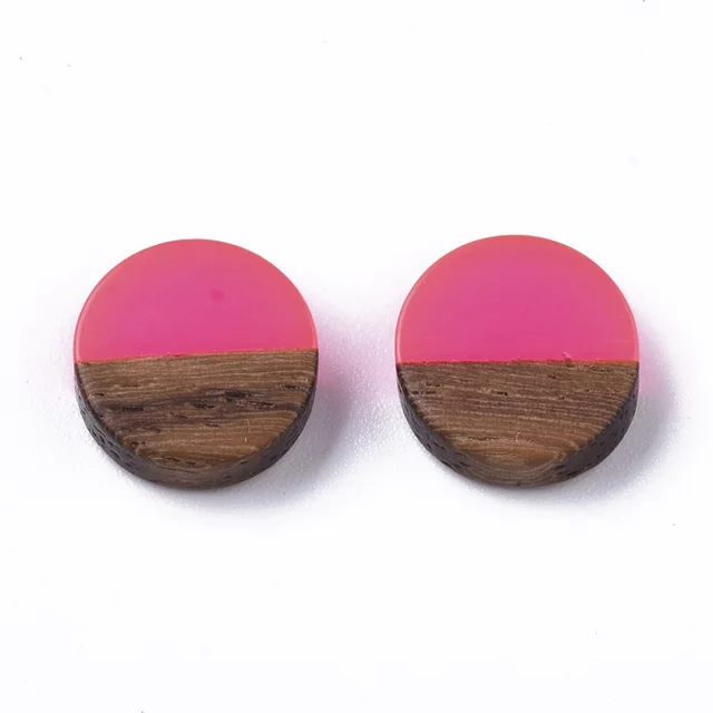 50pcs 10mm Resin & Wood Cabochons Resin Cabochon Flat Back for Jewelry Making DIY Bracelet Earring Accessories 10x3.5~4mm Fuchsia