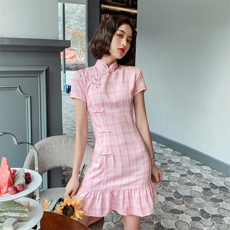 

Summer vintage lattice Pretty pink Cheongsam Dress Women Chinese Vintage Costume cotton qipao girl dress