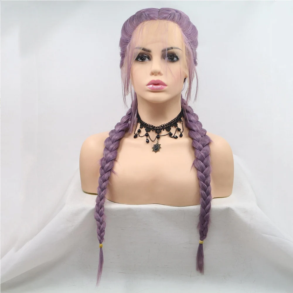 Long 24" Purple Braided Wig 2 Braids Highlight Big Braiding Synthetic Wig for Women Heat Resistant Fiber