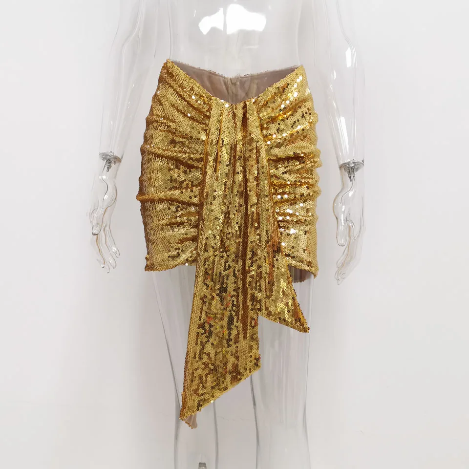 Gold Skirt Karlofea/Женская Яркая юбка с блестками; элегантные шикарные Короткие вечерние наряды с рюшами; облегающая юбка с запахом; блестящая Великолепная одежда для дня рождения - Цвет: Gold Skirt
