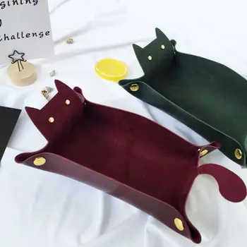 

Portable Cat Shape Leather Storage Tray Key Desktop Jewelry Box Coin Makeup Tray Household Folding Tray Storage Box