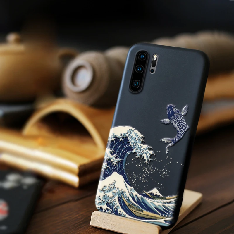 Чехол для Huawei P30 Lite чехол Funda Pro роскошный с 3D тиснением морская волна канагавы