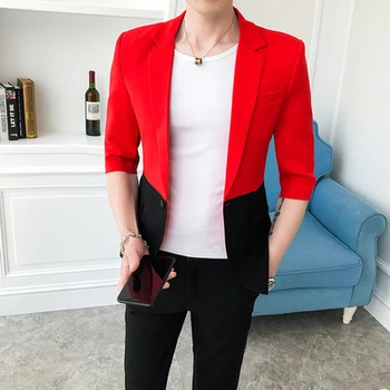 

Summer stitching suit suit men's trend Korean personality color matching seven-point sleeves Slim trendy handsome suit
