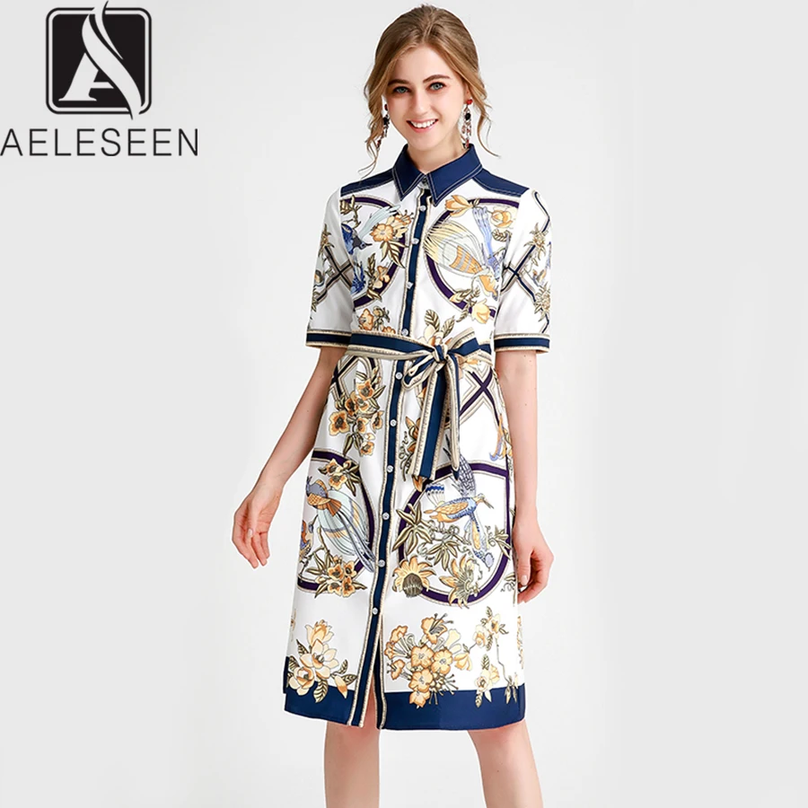 

AELESEEN 2019 Autumn New Item Vintage Dresses Women Runway Design Floral Print Single Breasted Sashes European Office Lady Dress