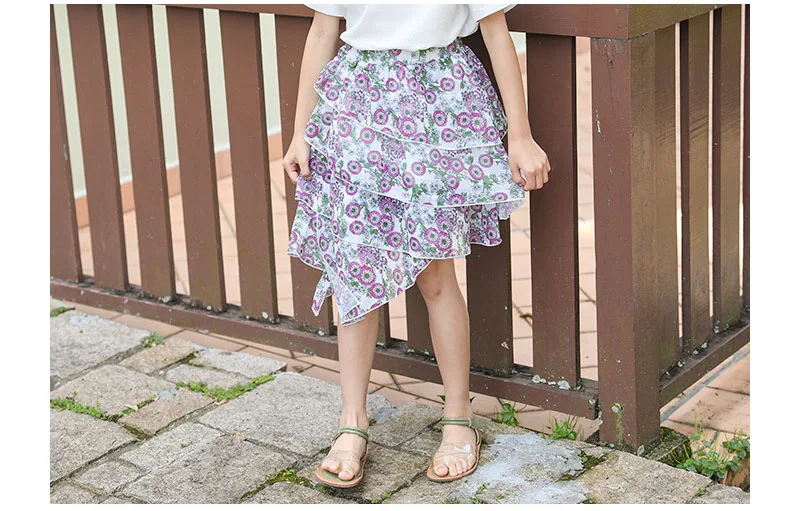 Summer 2020 Chiffon Layered Skirts Dresses For Teenage Girls Floral Printed Asymmetrical Skirt Kids Mid Waist Cute Skirt Clothes (6)