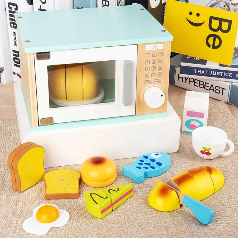 Play House Wooden Toy Children Mini Microwave Miniature Food Pretend