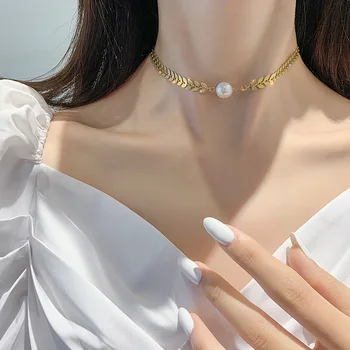 

Wheat Shell Pearls Item Pendant Women Neck Ornament Willow Leaf Pendant Choke