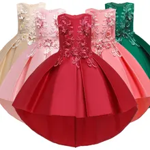 Детское Новогоднее красное торжественное платье с вышитыми цветами и шлейфом для девочек элегантное детское платье для дня рождения для детей от 3 до 14 лет