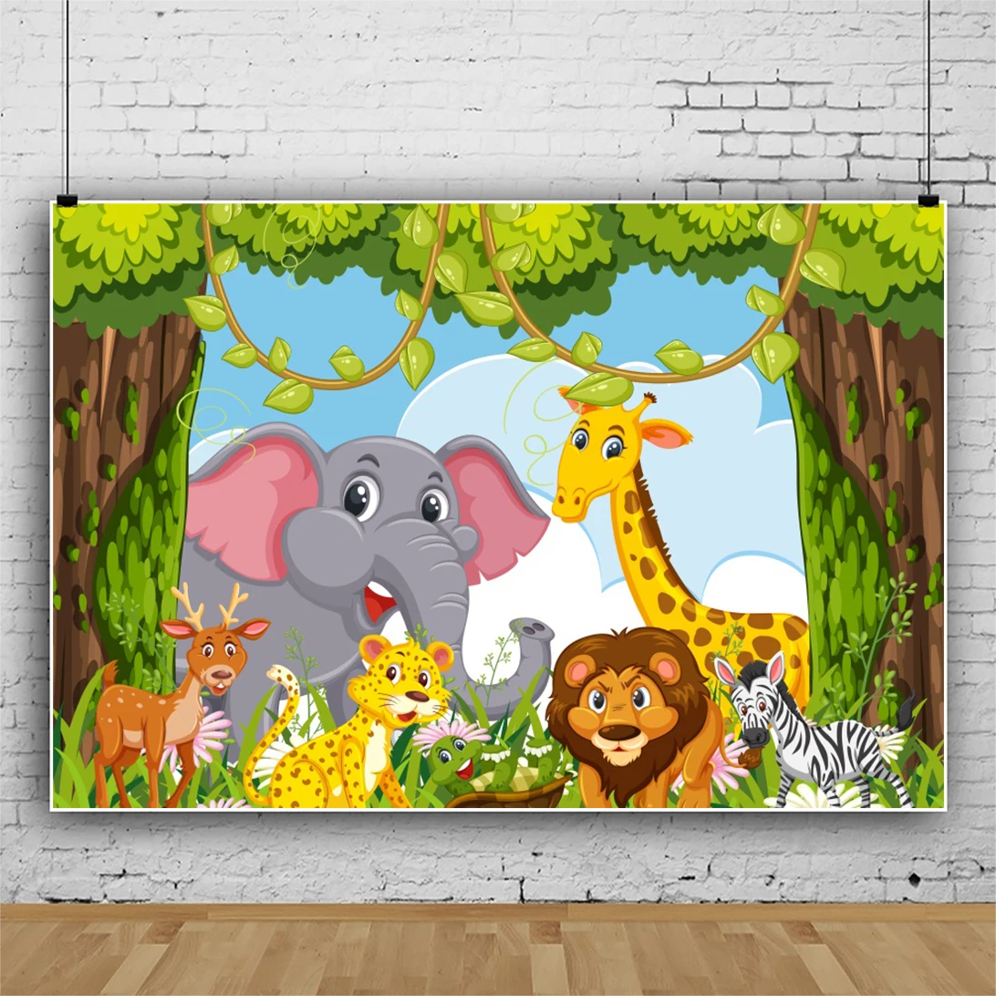 

Laeacco Jungle Safari Baby Birthday Party Child Photocall Portrait Personalized Poster Photo Background Photographic Backdrops