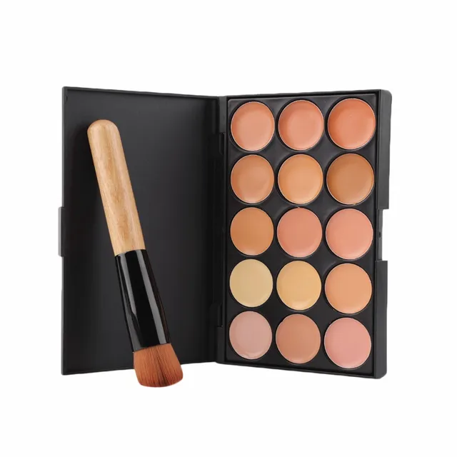 15colors Face Makeup Concealer Palette Wood Handle Flat Angled Brush お得セット