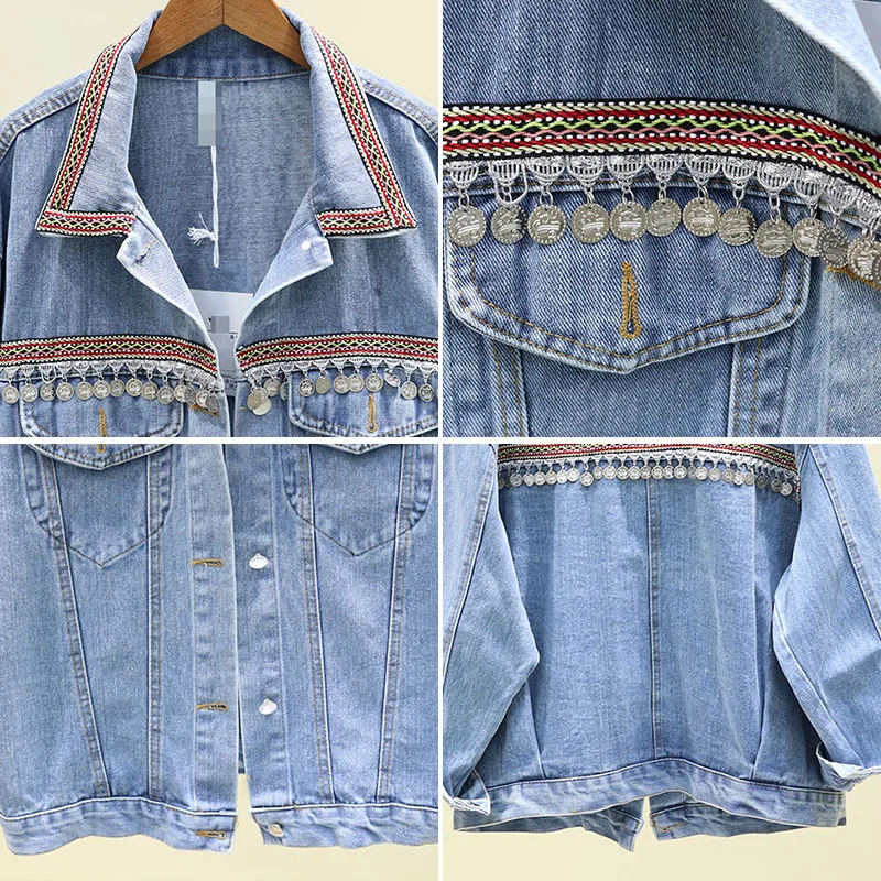 korean modish fashion jeans denim jacket women autumn casual sequined long sleeve jean womens jackets and coats new arrival
